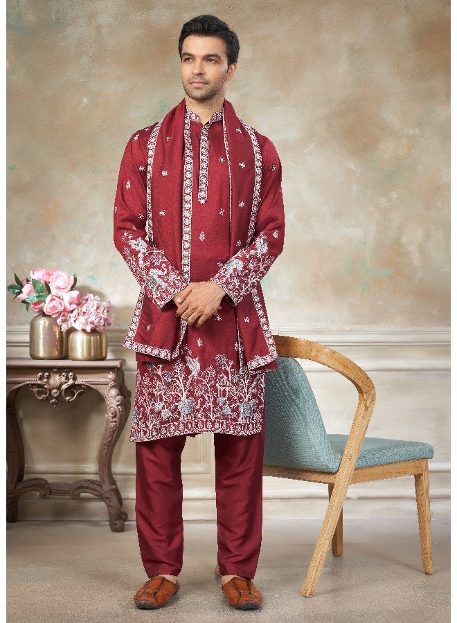 OUTLUK Embroidered Red Kurta with Cotton Pajama for Men - Image 1